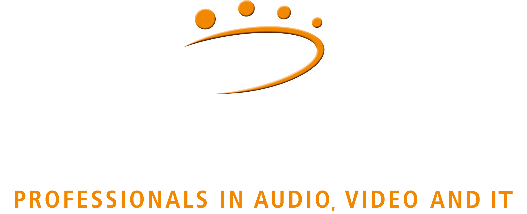 Logo von AV-Solution Partner mit einem orangefarbenen Swoosh mit vier Punkten darüber und dem Text "PROFESSIONALS IN AUDIO, VIDEO AND IT" in Orange unter "AV-SOLUTION PARTNER" in Weiß auf grauem Hintergrund.