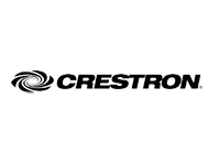 Das Bild zeigt das Crestron-Logo mit einem schwarzen, wirbelnden, kreisförmigen Muster links neben dem Wort CRESTRON in fetten, schwarzen Großbuchstaben auf hellgrauem Hintergrund.