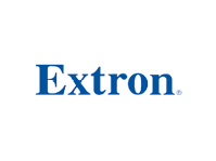 Das Bild zeigt das Extron-Logo mit dem Wort Extron in blauer Serifenschrift auf hellgrauem Hintergrund.