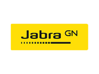 Jabra GN-Logo mit schwarzem Text auf leuchtend gelbem Hintergrund mit einer horizontalen Linie und Punkten unterhalb von Jabra.