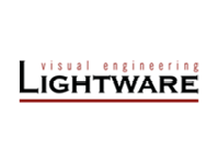 Logo für Lightware mit den Worten Visual Engineering in roten Kleinbuchstaben über dem fetten schwarzen Wort LIGHTWARE, mit einer dünnen roten Linie darunter auf hellem Hintergrund.