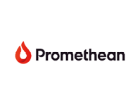 Das Promethean-Logo zeigt ein rotes Flammensymbol links neben dem Wort Promethean in fetter schwarzer Schrift auf hellgrauem Hintergrund.
