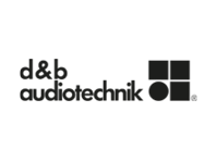Schwarzes d&b audiotechnik Textlogo neben vier schwarzen geometrischen Formen - einem Quadrat, zwei Rechtecken und einem Kreis - die in einem Raster angeordnet sind, auf einem hellgrauen Hintergrund.