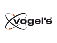 Vogels-Logo mit dem Markennamen in schwarzer Schrift und drei orangefarbenen Punkten, die durch schwarze geschwungene Linien verbunden sind, die an Atomumlaufbahnen erinnern.