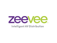 ZeeVee-Logo mit dem Text zeevee in Lila und Grün und Intelligent AV Distribution in Grau darunter auf hellem Hintergrund.