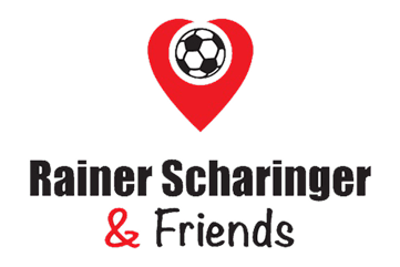 Logo mit einer roten Herzform oben, in der sich ein Fußball befindet. Darunter steht Rainer Scharinger & Friends, wobei das kaufmännische Und in rot und der Rest in schwarz gehalten ist. Logo mit einer roten Herzform oben, in der sich ein Fußball befindet. Darunter steht Rainer Scharinger & Friends, wobei das kaufmännische Und in rot und der Rest in schwarz gehalten ist.