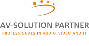 Logo von AV-Solution Partner mit orangefarbenen geschwungenen Linien und Punkten über dem Firmennamen. Der Text darunter lautet: Fachleute für Audio, Video und IT.