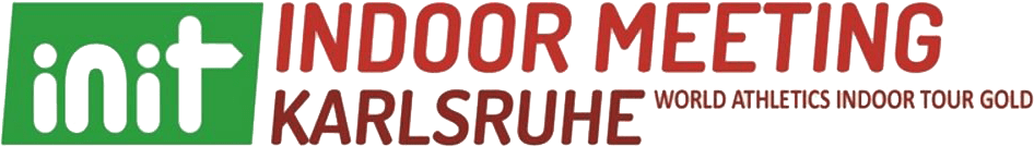 Logo für das INIT Indoor Meeting Karlsruhe, mit grün-weißer Init-Grafik und rotem Text, rechts in kleinerer Schrift World Athletics Indoor Tour Gold. Logo für das INIT Indoor Meeting Karlsruhe, mit grün-weißer Init-Grafik und rotem Text, rechts in kleinerer Schrift World Athletics Indoor Tour Gold.