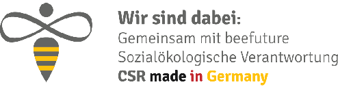 Ein stilisiertes Bienensymbol neben einem deutschen Text: Wir sind dabei: Gemeinsam mit beefuture Sozialökologische Verantwortung CSR made in Germany. Der Schriftzug „Made in“ ist rot, der Rest ist grau und schwarz. Ein stilisiertes Bienensymbol neben einem deutschen Text: Wir sind dabei: Gemeinsam mit beefuture Sozialökologische Verantwortung CSR made in Germany. Der Schriftzug "Made in" ist rot, der Rest ist grau und schwarz.