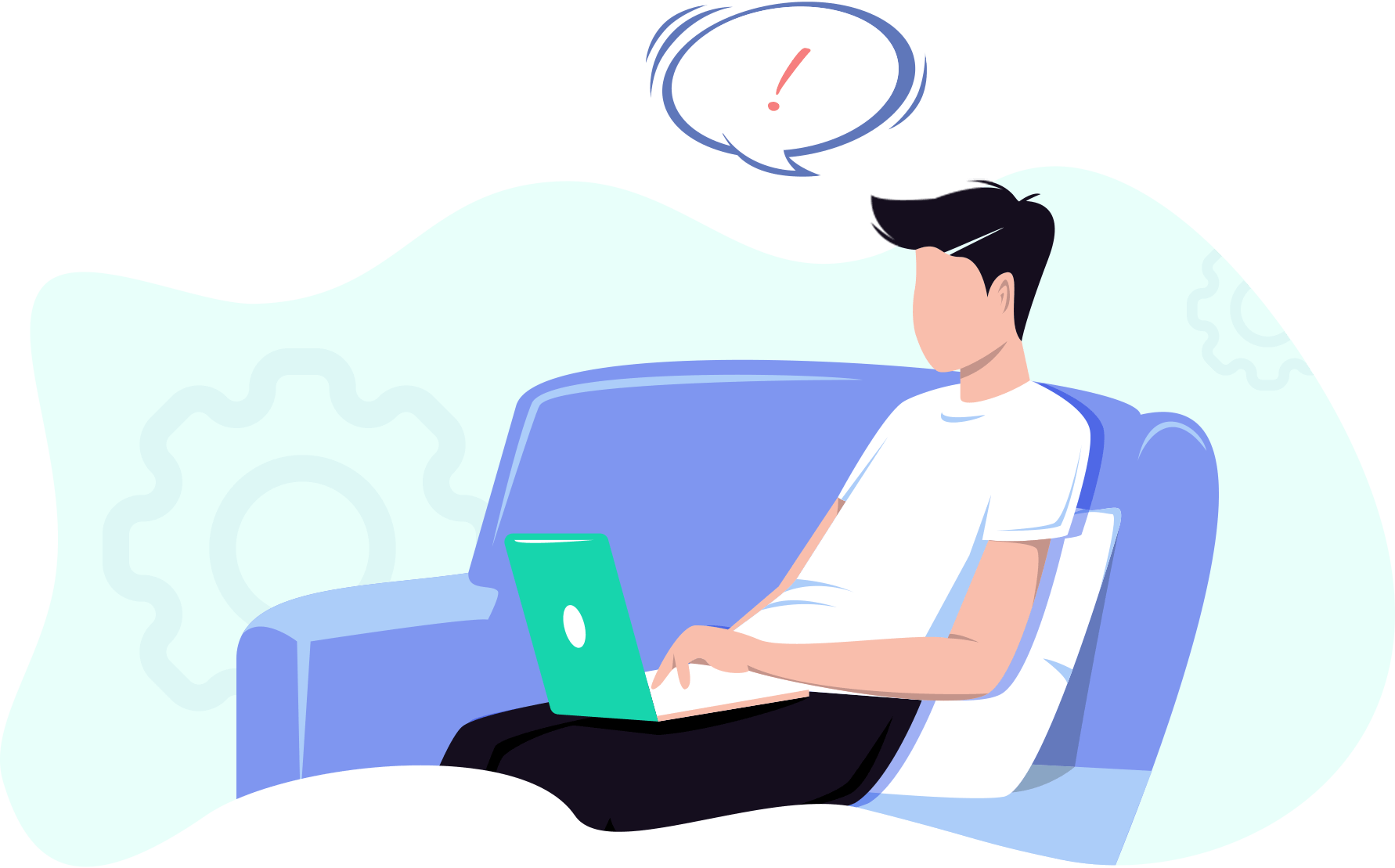 Eine Person sitzt auf einem blauen Sofa und hat einen Laptop auf dem Schoß. Über ihrem Kopf erscheint ein Ausrufezeichen in einer Sprechblase, das Überraschung oder eine Erkenntnis andeutet. Im Hintergrund sind schwach erkennbare Zahnradformen zu sehen.