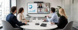 Eine Hybrid-Konfernez in einem Huddle Room
