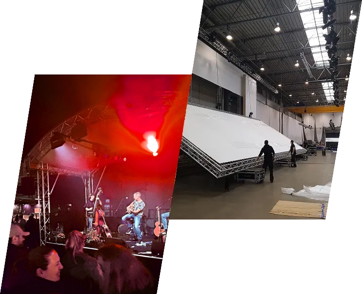 Das Bild ist zweigeteilt: Auf der linken Seite ist ein Live-Konzert mit roter Beleuchtung zu sehen, während auf der rechten Seite Menschen zu sehen sind, die in einem Innenraum unter Industriebeleuchtung eine große Bühne aufbauen – ein Beispiel dafür, welche entscheidende Rolle die Veranstaltungstechnik bei der Schaffung unvergesslicher Veranstaltungserlebnisse spielt. Das Bild ist zweigeteilt: Auf der linken Seite ist ein Live-Konzert mit roter Beleuchtung zu sehen, während auf der rechten Seite Menschen zu sehen sind, die in einem Innenraum unter Industriebeleuchtung eine große Bühne aufbauen – ein Beispiel dafür, welche entscheidende Rolle die Veranstaltungstechnik bei der Schaffung unvergesslicher Veranstaltungserlebnisse spielt.