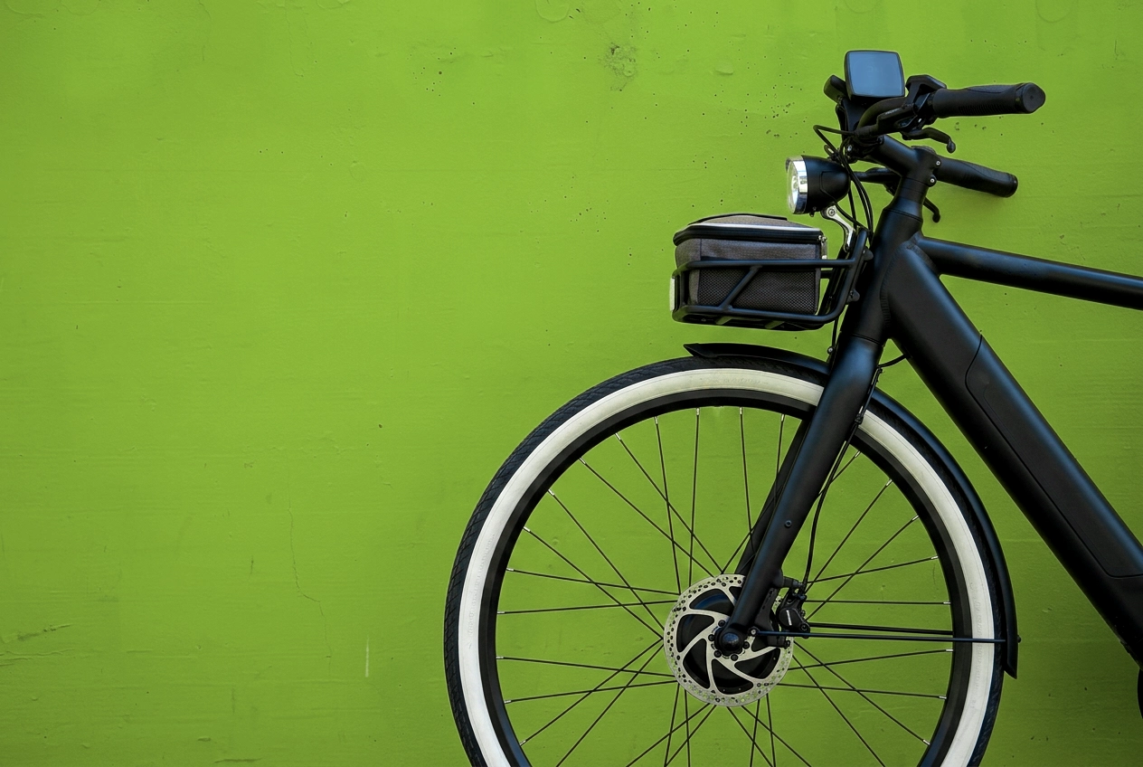 Ein schwarzes Fahrrad mit Scheinwerfer und weiß umrandeten Reifen steht neben einer leuchtend grünen Wand – vielleicht macht es gerade eine Pause auf seinem Weg zu einer neuen Karriere. Auf dem Bild ist nur die vordere Hälfte des Fahrrads zu sehen.