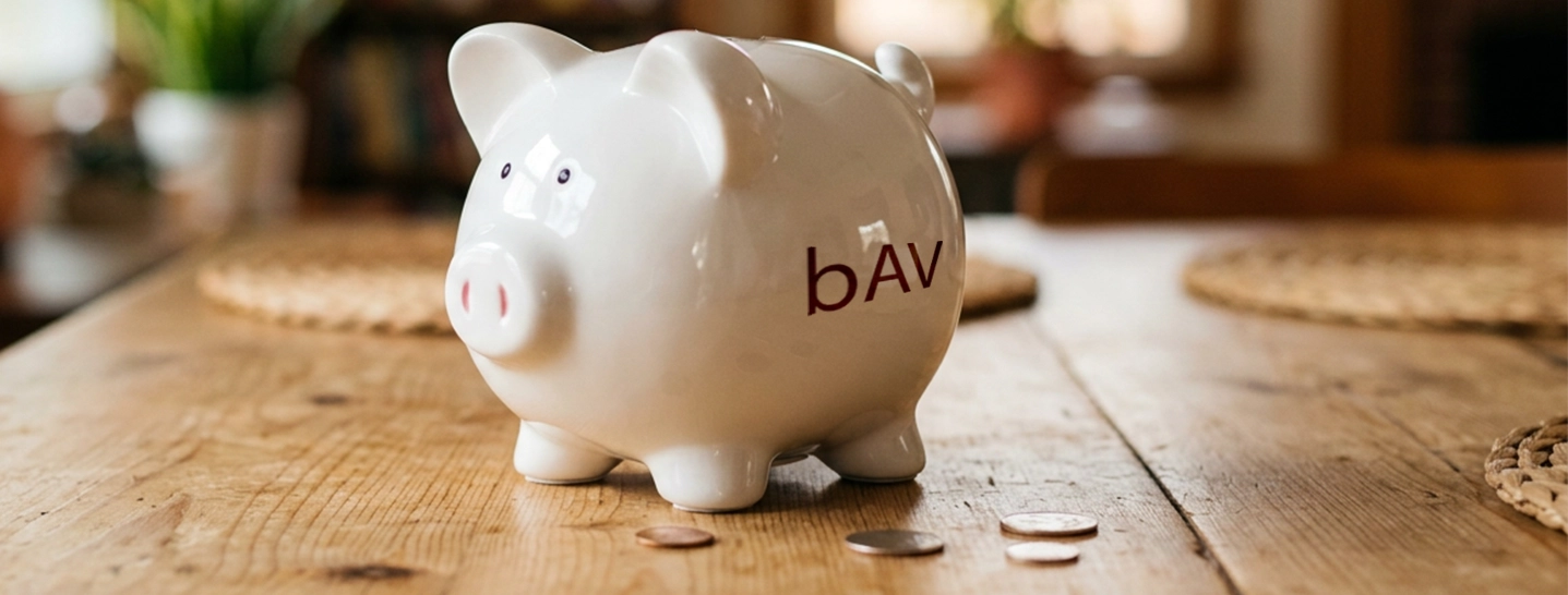Auf einem Holztisch steht ein weißes Sparschwein mit der Aufschrift „bAV“, daneben liegen ein paar Münzen verstreut, was auf subtile Weise die Bedeutung der Finanzplanung für deine Karriere unterstreicht. Der Hintergrund ist sanft unscharf, was eine gemütliche Innenraumatmosphäre suggeriert.